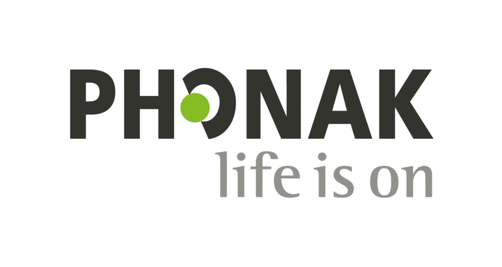 Phonak logo with tagline "life is on," representing innovative hearing solutions and advanced technology for hearing aids.