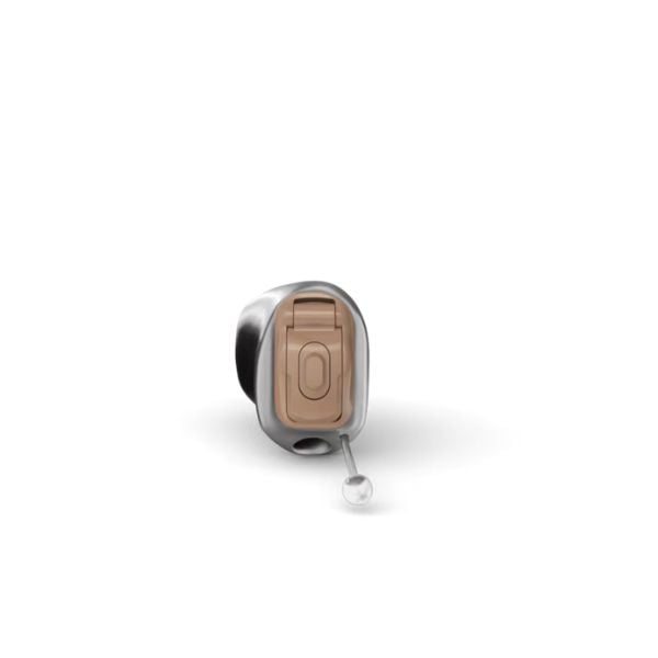 Virto R Infinio custom in-ear hearing aid featuring a sleek design, rechargeable functionality, and SmartSpeech™ Technology for enhanced sound quality and speech clarity.