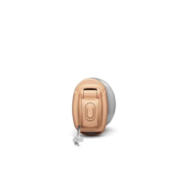 Virto R Infinio custom in-ear hearing aid, featuring a sleek design, rechargeable functionality, and advanced SmartSpeech™ Technology for enhanced sound clarity and comfort.