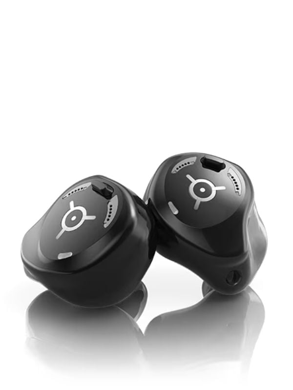 Phonak Virto™ R Infinio custom in-ear hearing aids, sleek black design with SmartSpeech™ technology and RightFit™ customization for optimal sound quality and comfort.